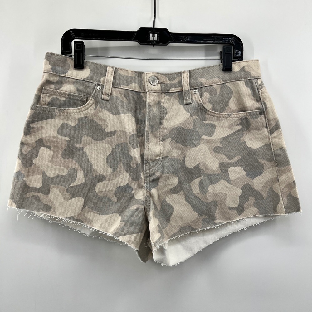 Hudson Lori High Rise Shorts Womens 31 Camo Denim Raw Hem Button Fly Peyote